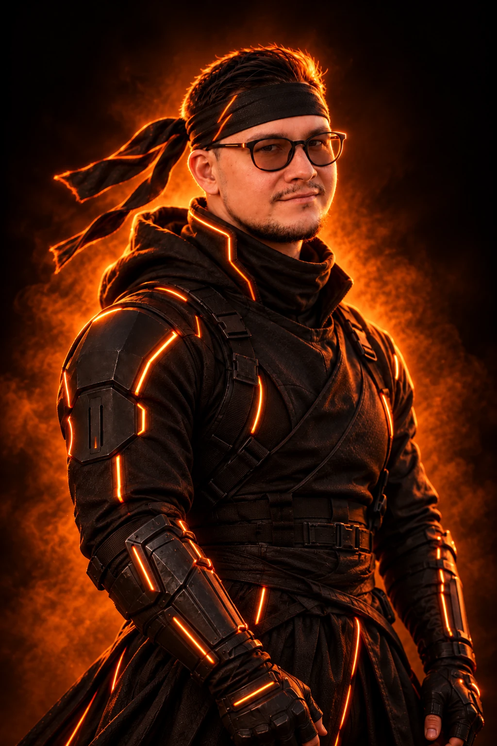 Ruslan Miskov in a dark tactical jacket with glowing orange seams